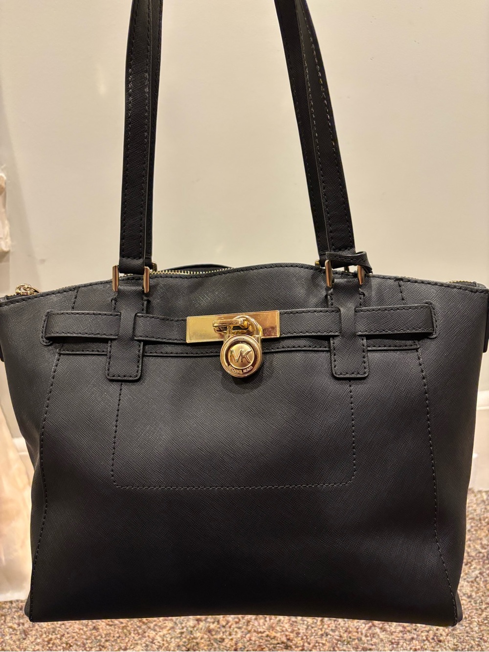 Michael Kors Hamilton Travel Bag: Black Leather with Gold Hardware Lock Charm
